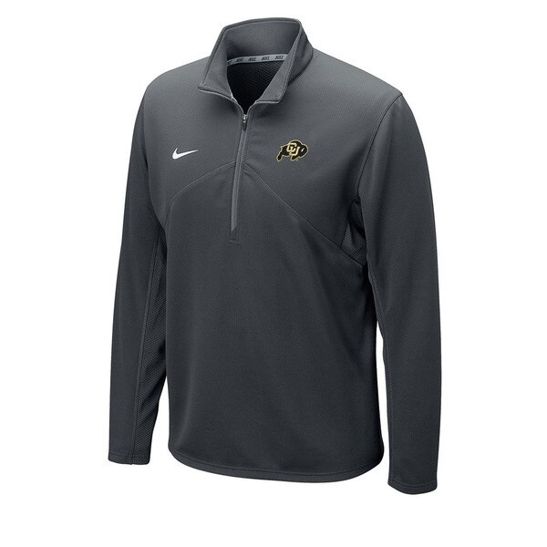 A men's dark gray Nike dri-fit training quarter zip pullover with embroidered C.U buffalo logo.
